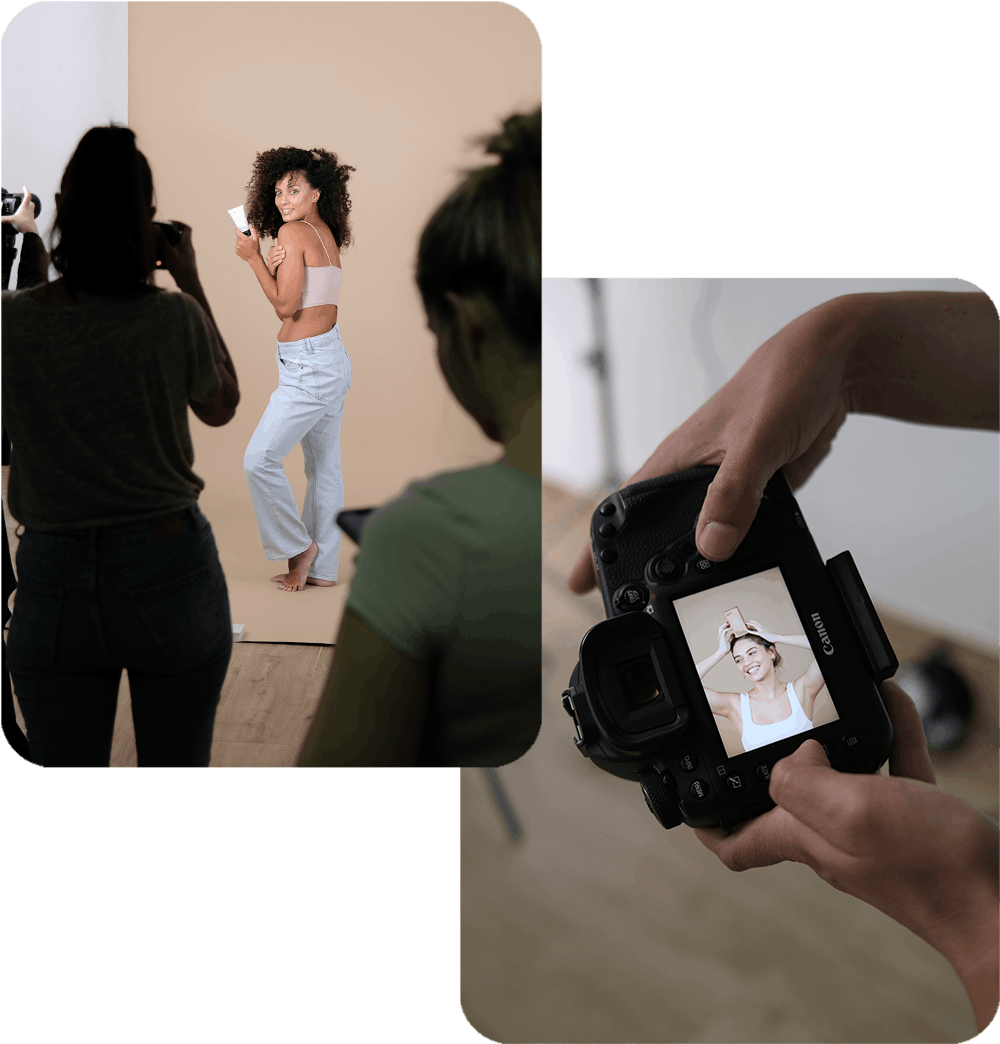 Sesión de fotografía de moda en estudio con modelo posando y fotógrafa trabajando, imagen de backstage de Cristina Navarro