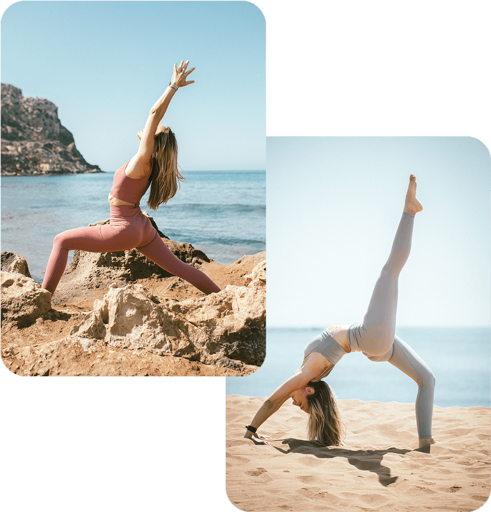 Profesora de yoga realizando postura en la playa – fotografía de marca personal