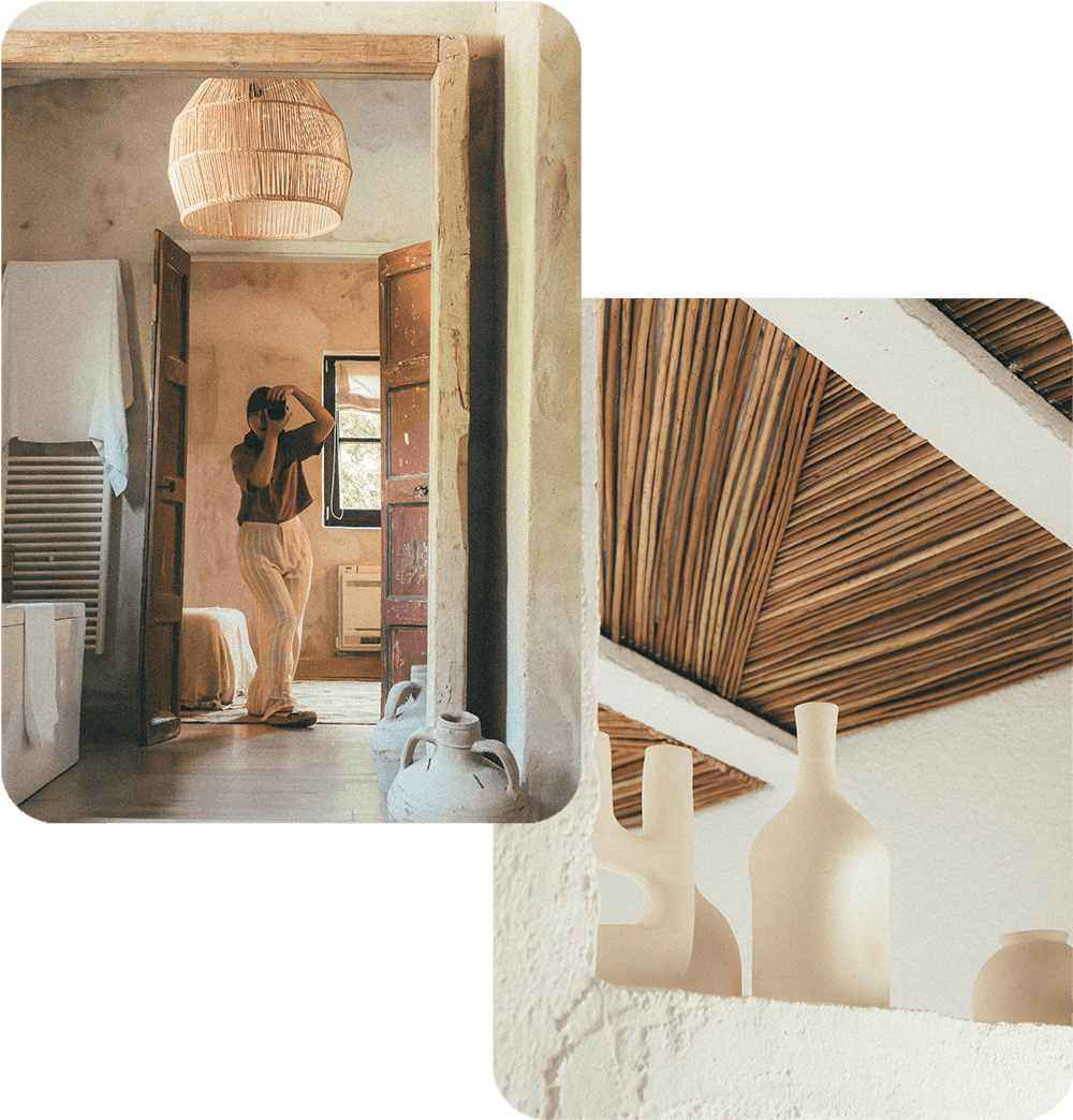 Fotografía de interiores de alojamiento mediterráneo con detalles de arquitectura y decoración artesanal