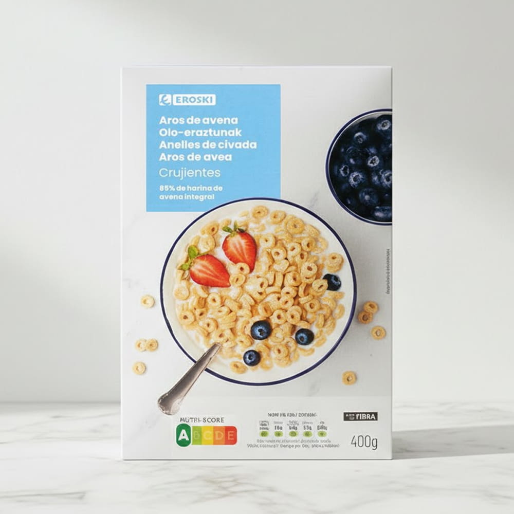 Fotografía de packaging de cereales de avena Eroski con imagen de bol saludable realizada por Cristina Navarro