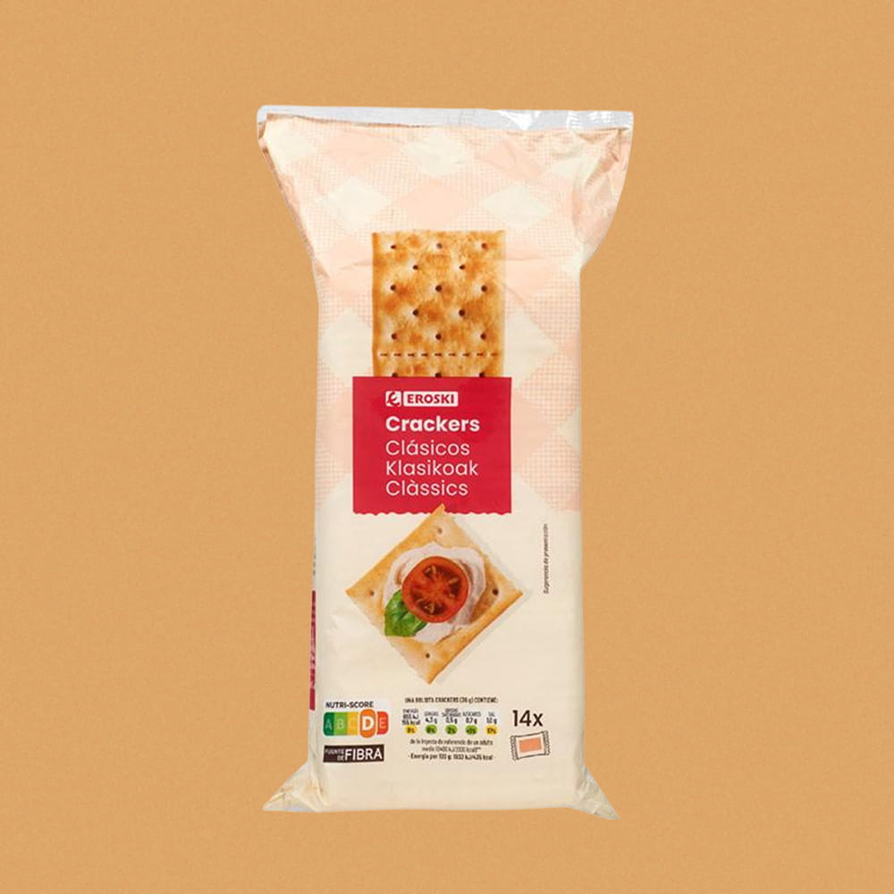 Packaging de crackers Eroski con fotografía gastronómica integrada realizada por Cristina Navarro