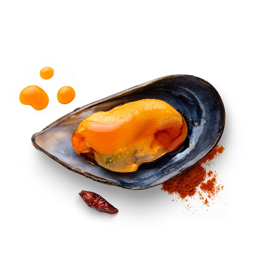 Fotografía gastronómica de mejillón gallego en escabeche picante para packaging de conservas Eroski