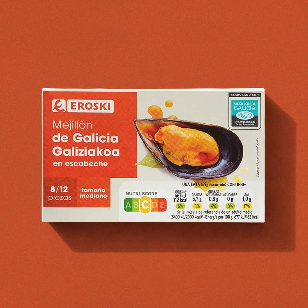 Fotografía de packaging de mejillones en escabeche Eroski con imagen gastronómica realizada por Cristina Navarro