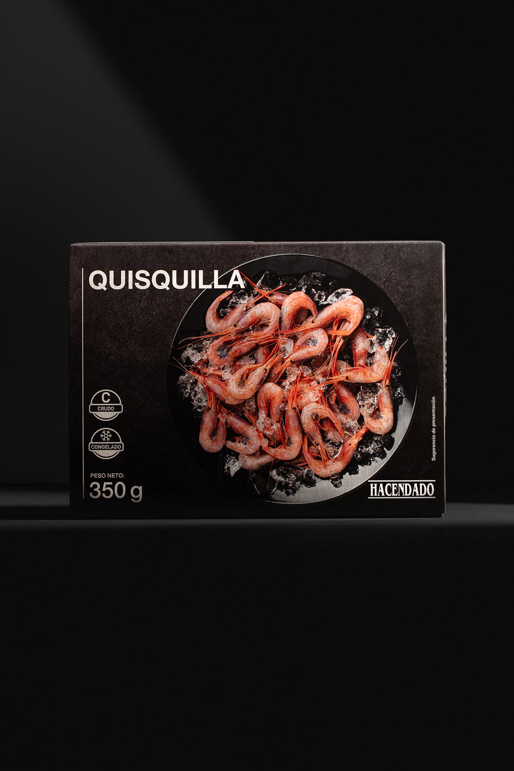 Packaging de quisquillas congeladas Hacendado con fotografía gastronómica integrada para Mercadona